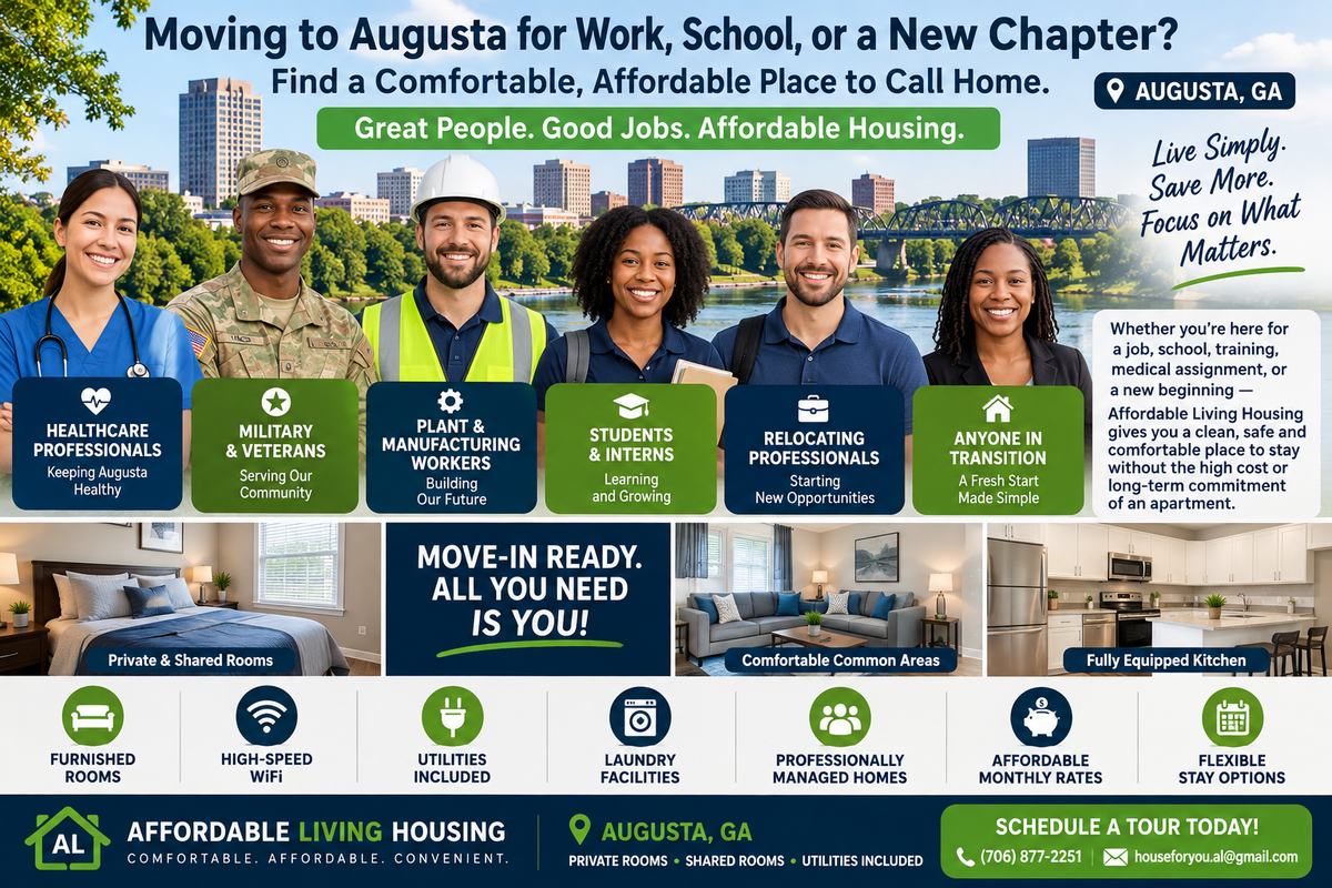 Professionals relocating to Augusta, GA, including healthcare workers, military personnel, veterans, students, and manufacturing employees, with affordable private and shared room housing options from Affordable Living Housing.